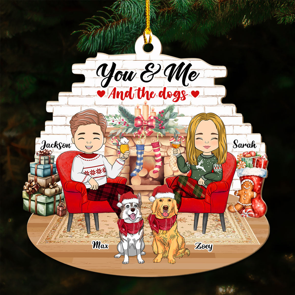 Couple And Dogs - Personalized Custom Wood Ornament