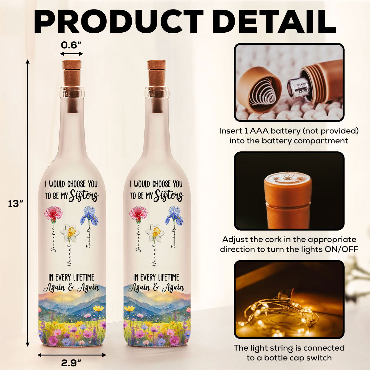 Always Choose You My Sisters - Personalized Custom Bottle Lamp