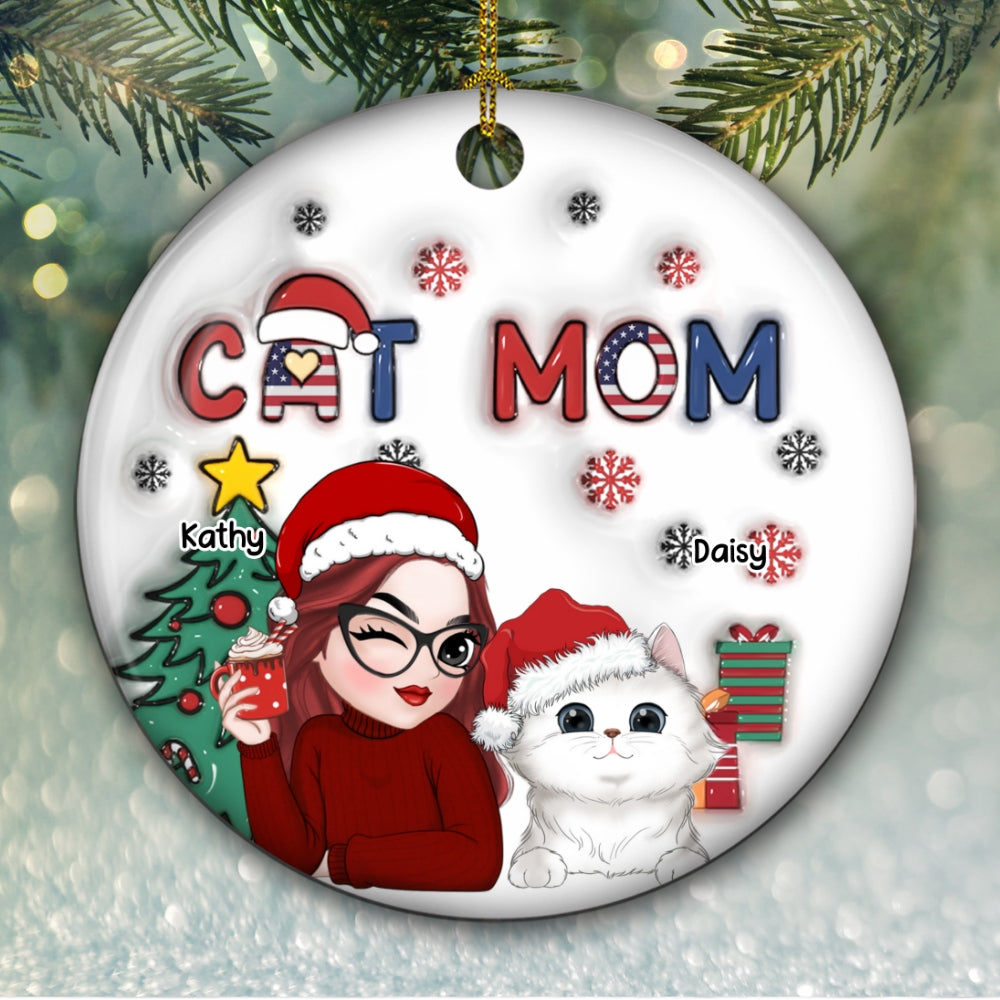 American Cat Mom Christmas - Personalized Custom 3D Inflated Effect Ceramic Ornament
