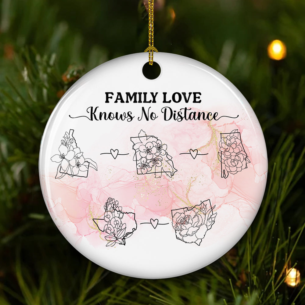 Family Love Knows No Distance Floral Version - Personalized Custom Circle Ceramic Ornament