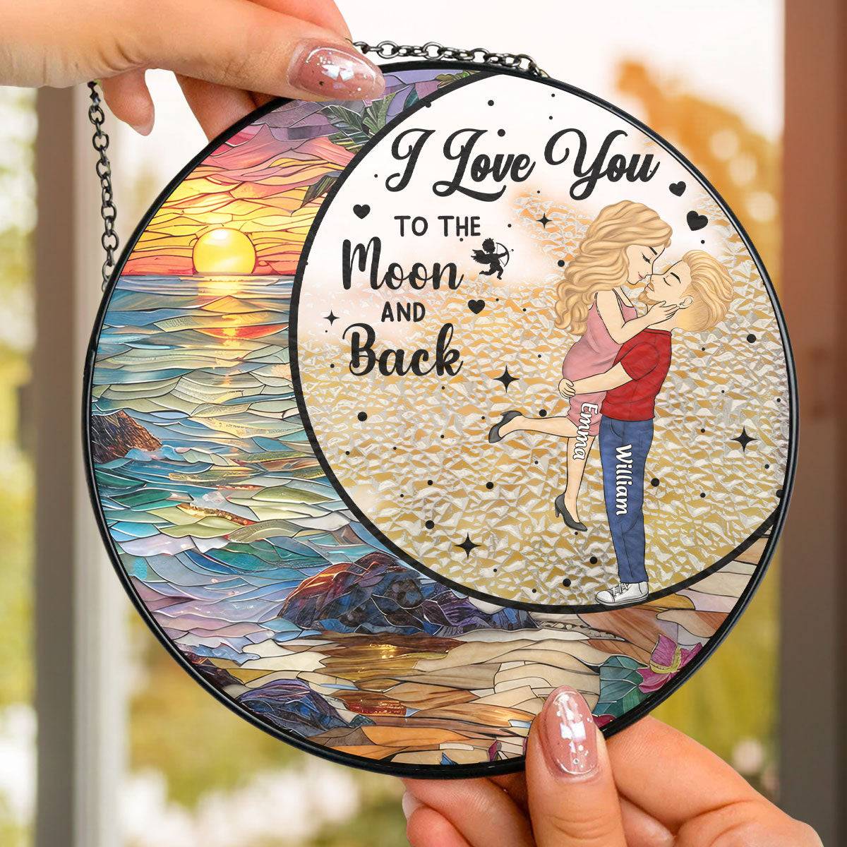 Love You To The Moon And Back - Personalized Custom Stained Glass Window Hanging Suncatcher