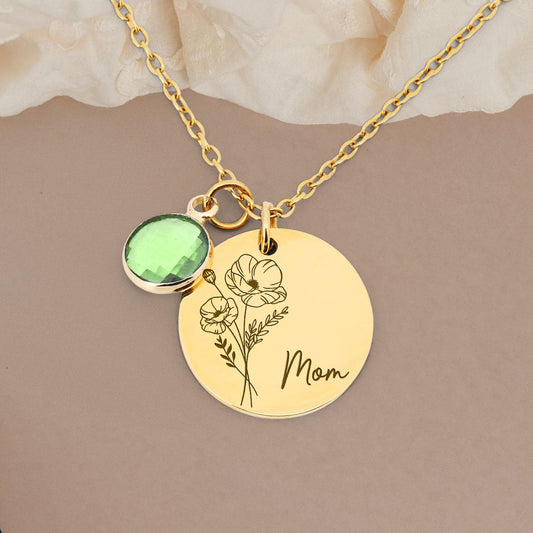 Birth Month Flower - Personalized Custom Birthstone Necklace