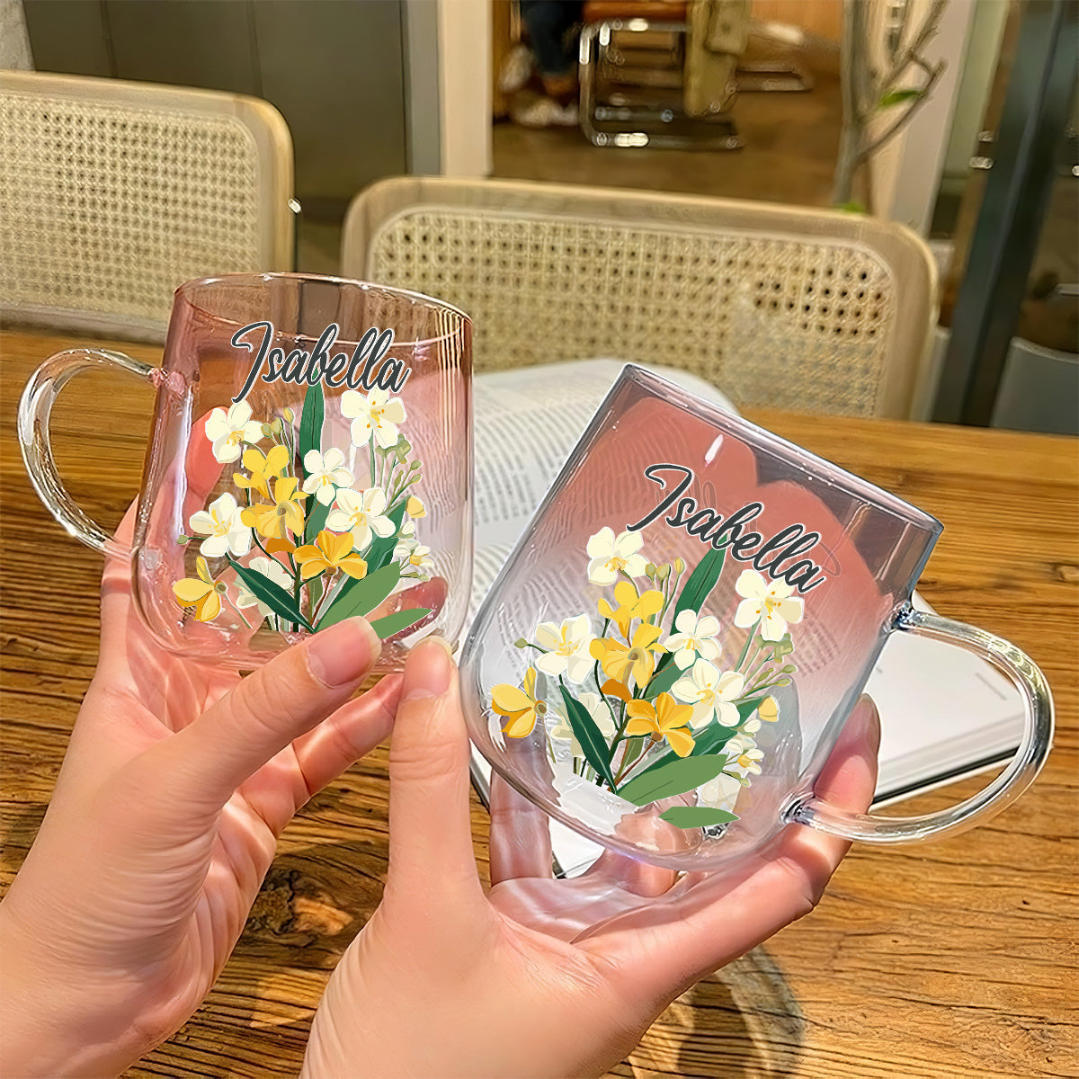 Custom Name Birth Month Flowers - Personalized Custom Pink Gradient Glass Mug