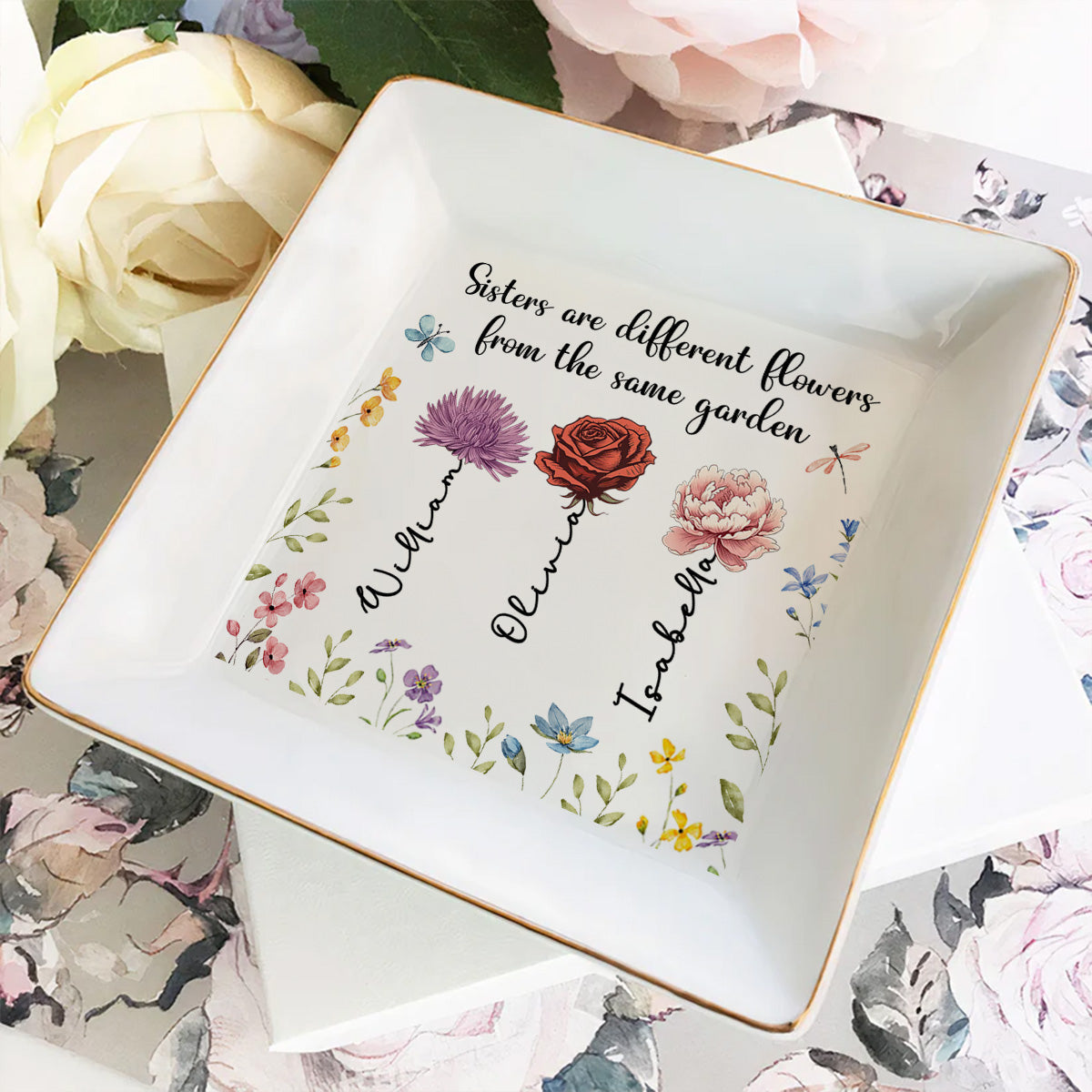 Sisters Are Different Flowers - Personalized Custom Jewelry Dish