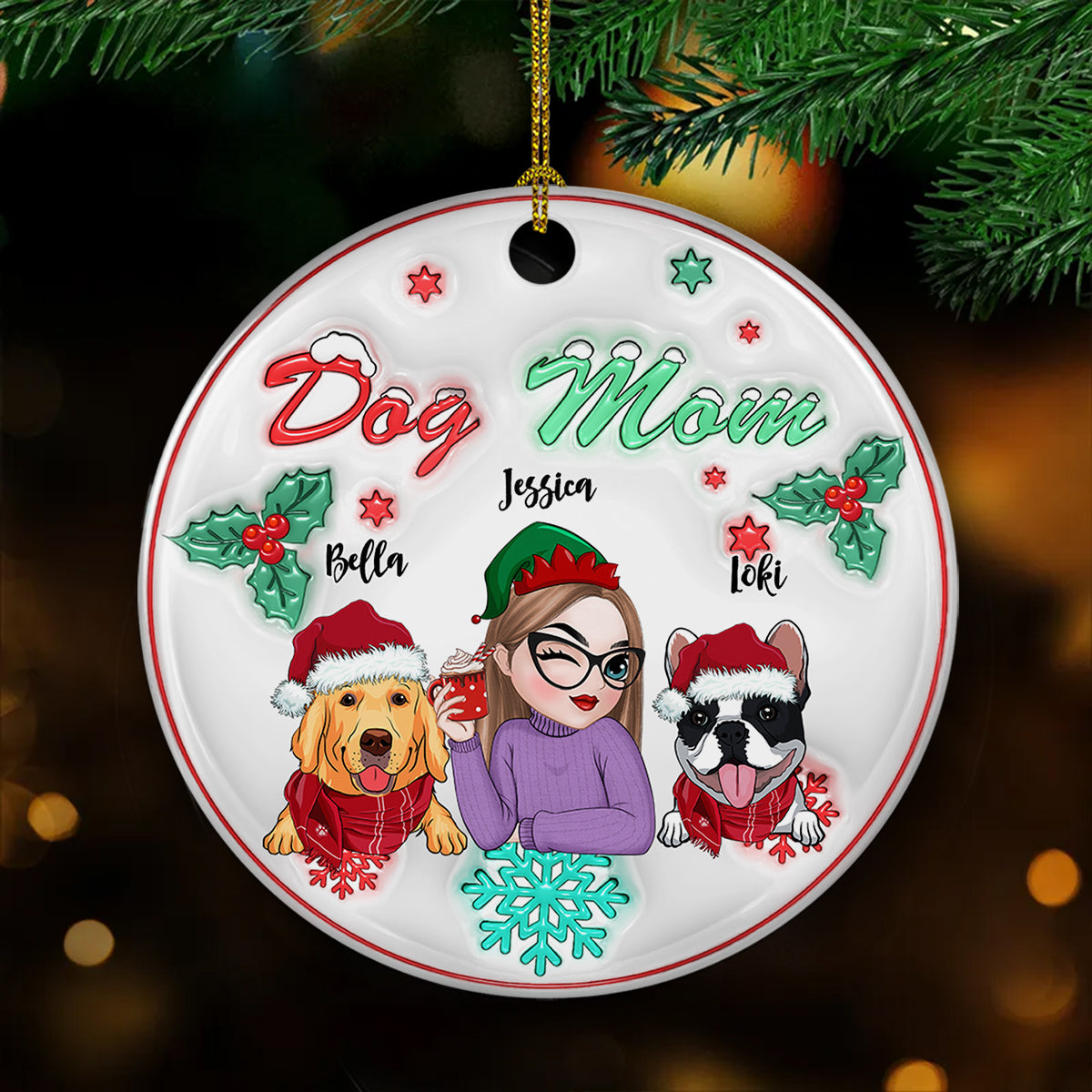Dog Mom Pastel - Personalized Custom 3D Inflated Effect Ceramic Ornament