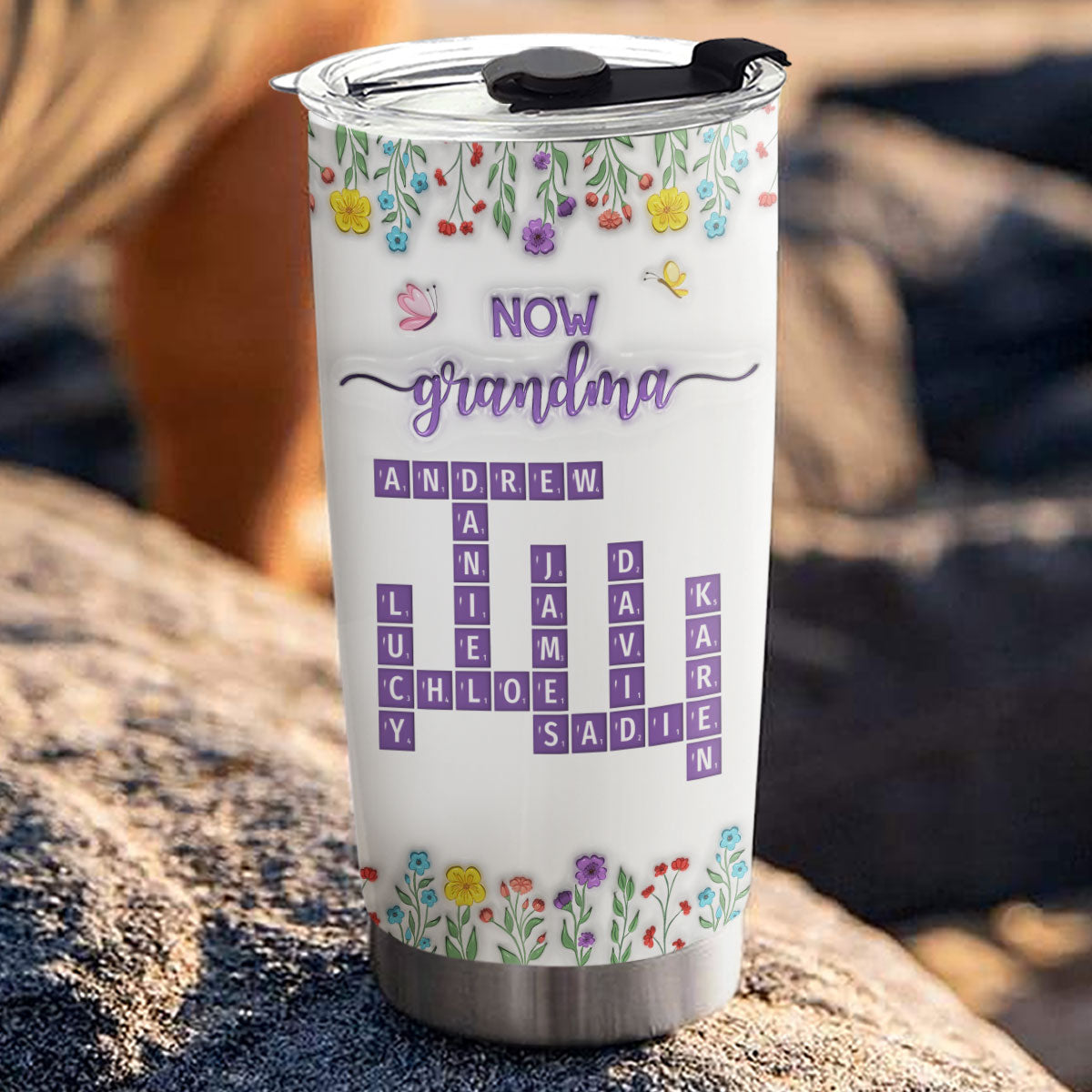 First Mom Now Grandma Crossword Floral Version - Personalized Custom 3D Inflated Effect Tumbler