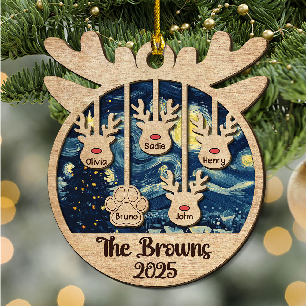 Reindeer Family Name - Personalized Custom 2-Layered Wood Ornament