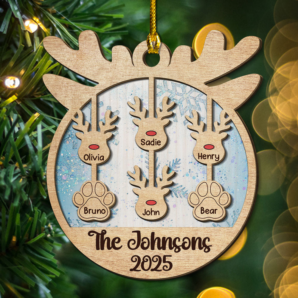 Reindeer Family Name - Personalized Custom 2-Layered Wood Ornament