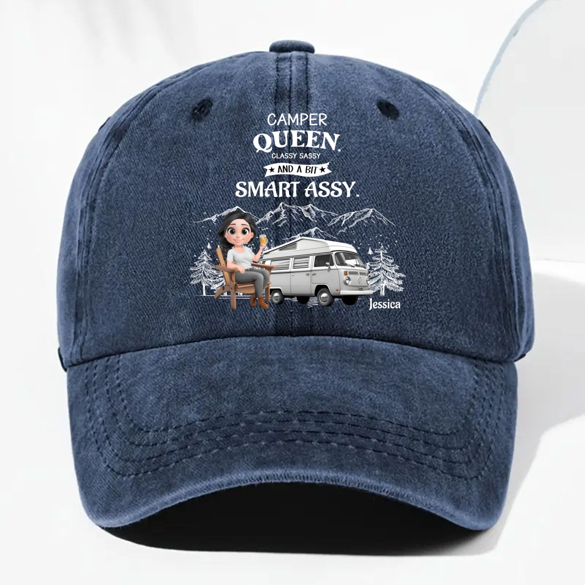 Truly A Queen Of Campers - Personalized Custom Vintage Washed Denim Cap