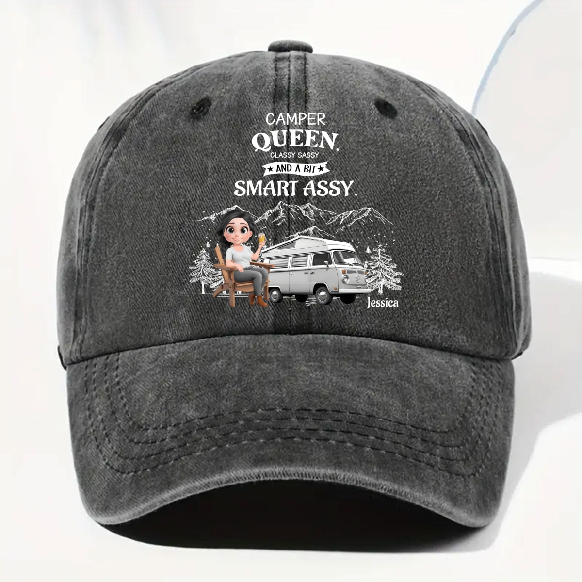 Truly A Queen Of Campers - Personalized Custom Vintage Washed Denim Cap