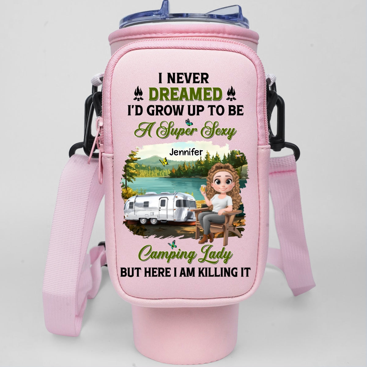 Sexy Camping Lady - Personalized Custom Water Bottle Carrier Bag