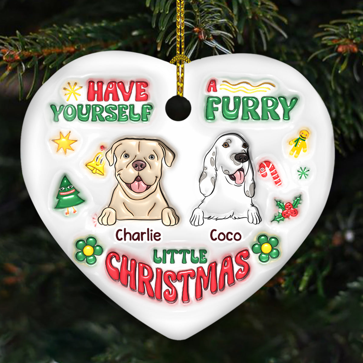 Have Yourself A Furry Little Christmas - Personalized Custom 3D Inflated Effect Heart Ceramic Ornament