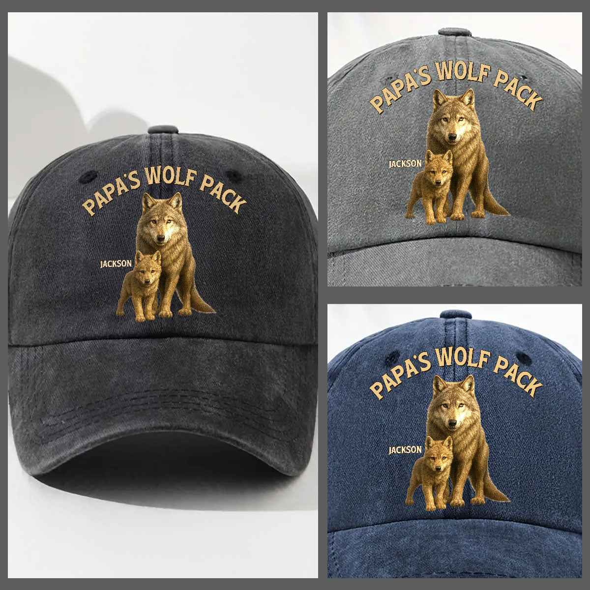 Papa's Wolf Pack - Personalized Custom Vintage Washed Denim Cap