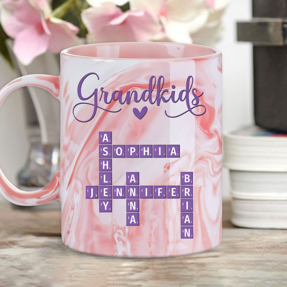 Love My Grandkids Crossword - Personalized Custom Pink Marble Mug