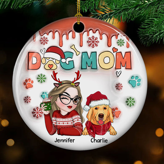 Dog Mom Christmas Paw - Personalized Custom 3D Inflated Effect Ceramic Ornament