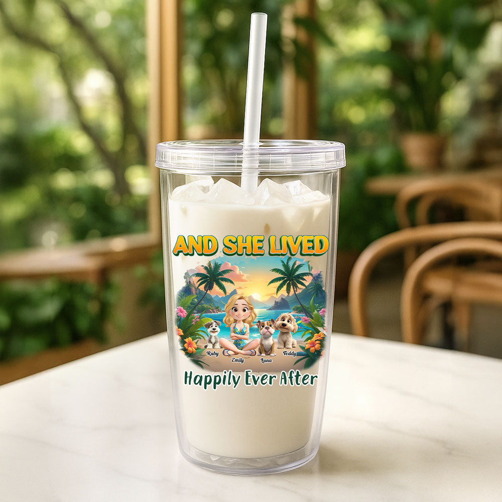 She Lived Happily With Her Dog - Personalized Custom 14oz Plastic Tumbler