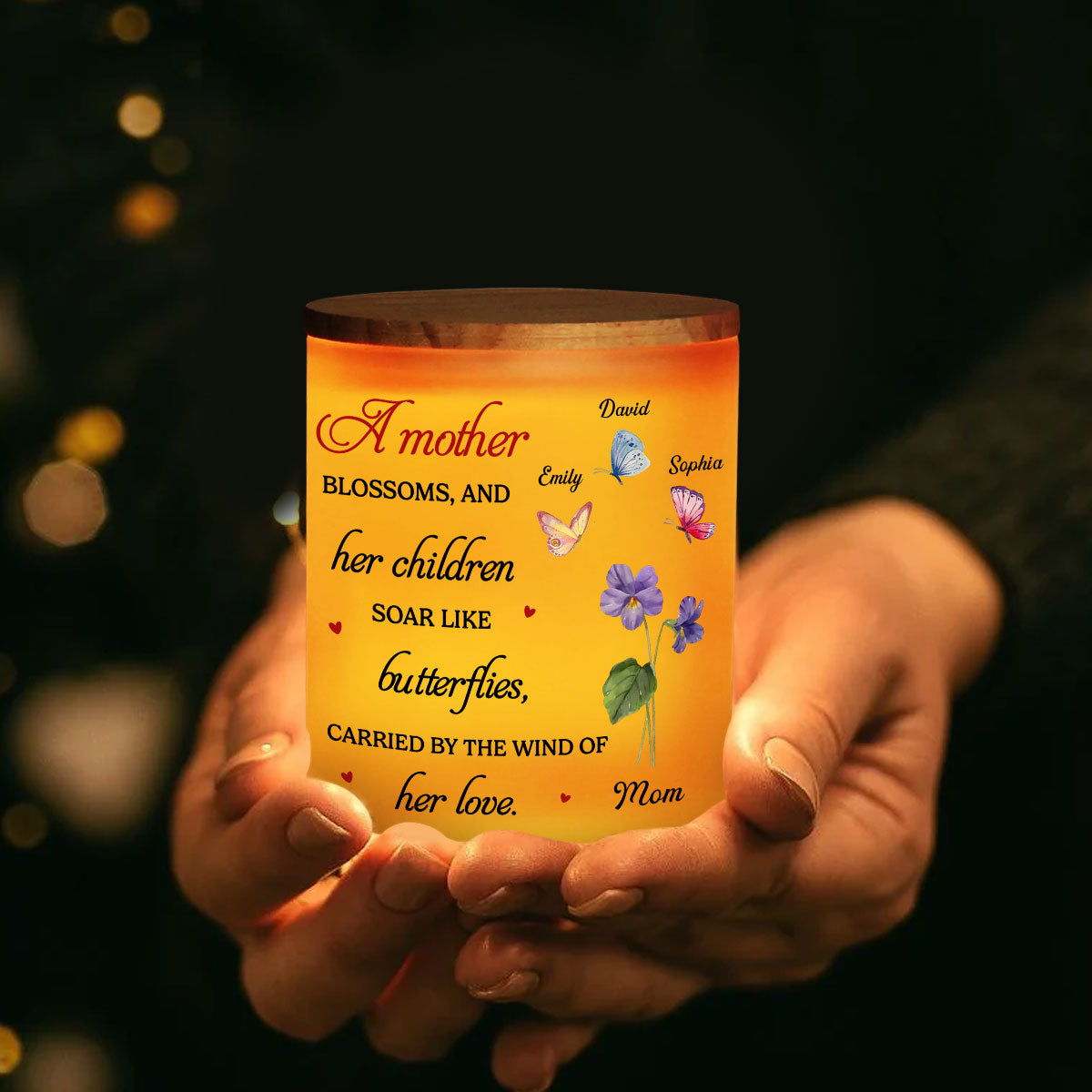 A Mother Blossoms - Personalized Custom Glass Jar With LED Candle