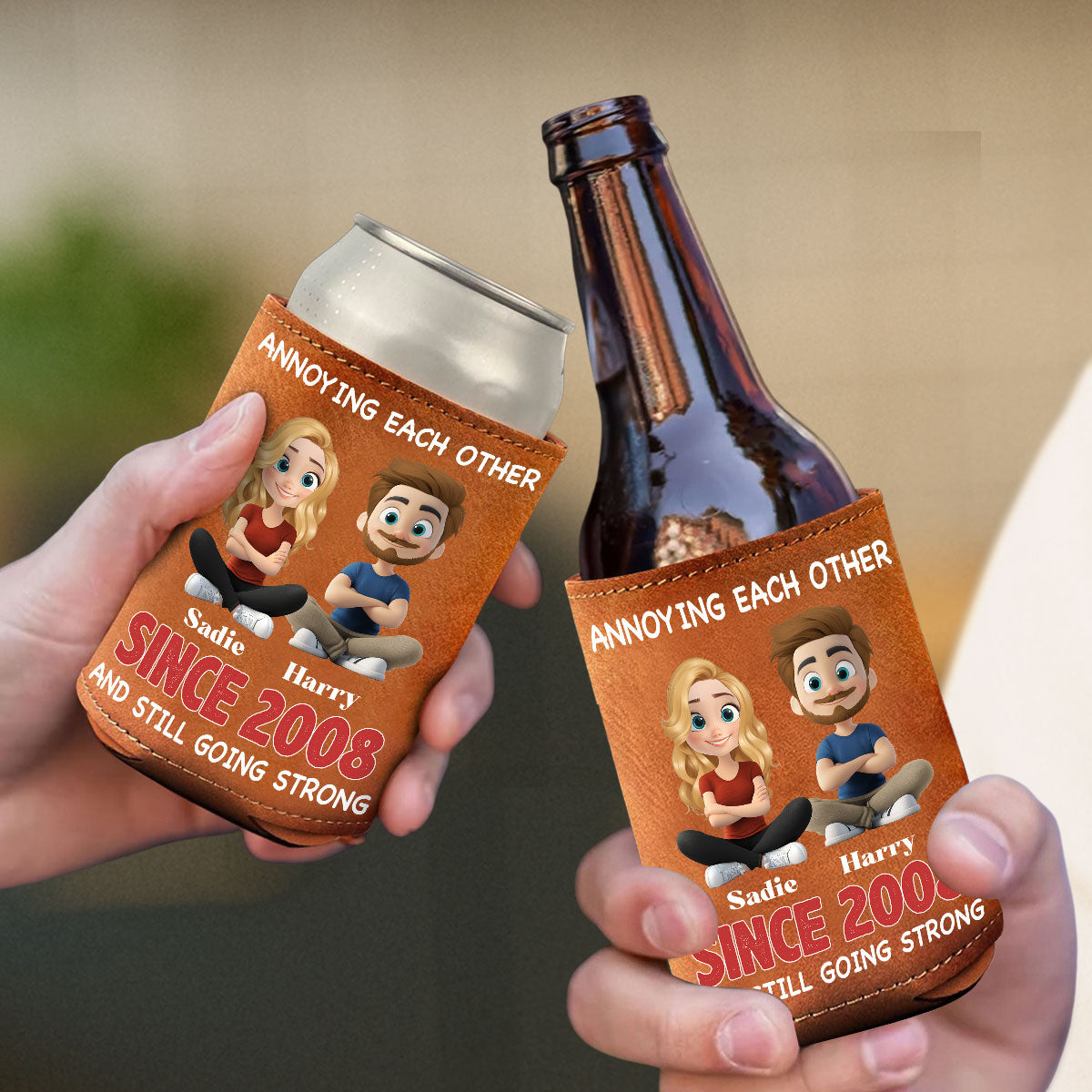 Together Forever - Personalized Custom Leather Can Cooler Holder