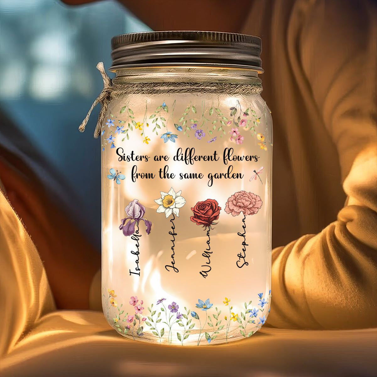 Sisters Are Different Flowers From The Same Garden - Personalized Custom Mason Jar Light