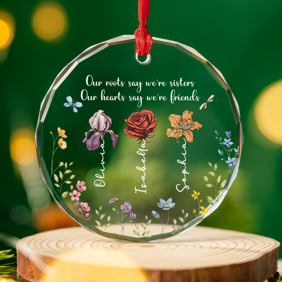 Sisters By Roots Friends By Heart - Personalized Custom Glass Ornament