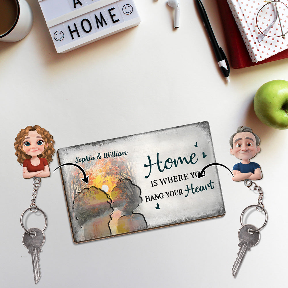 Home Is Where You Hang Your Heart - Personalized Custom Wooden Key Holder With Keychain