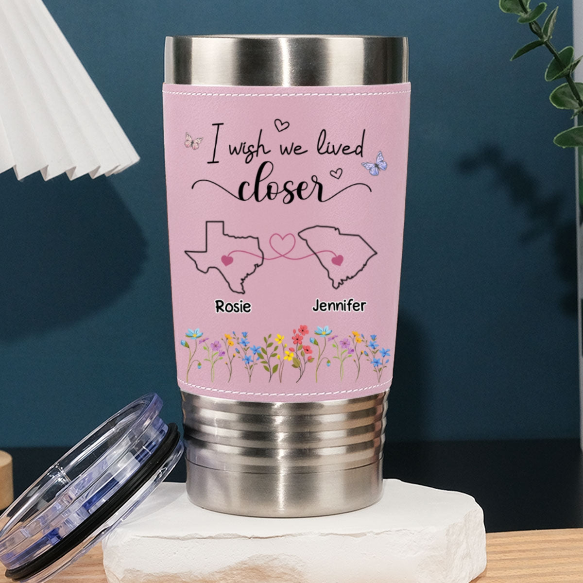 I Wish We Lived Closer - Personalized Custom Pink Leather Tumbler