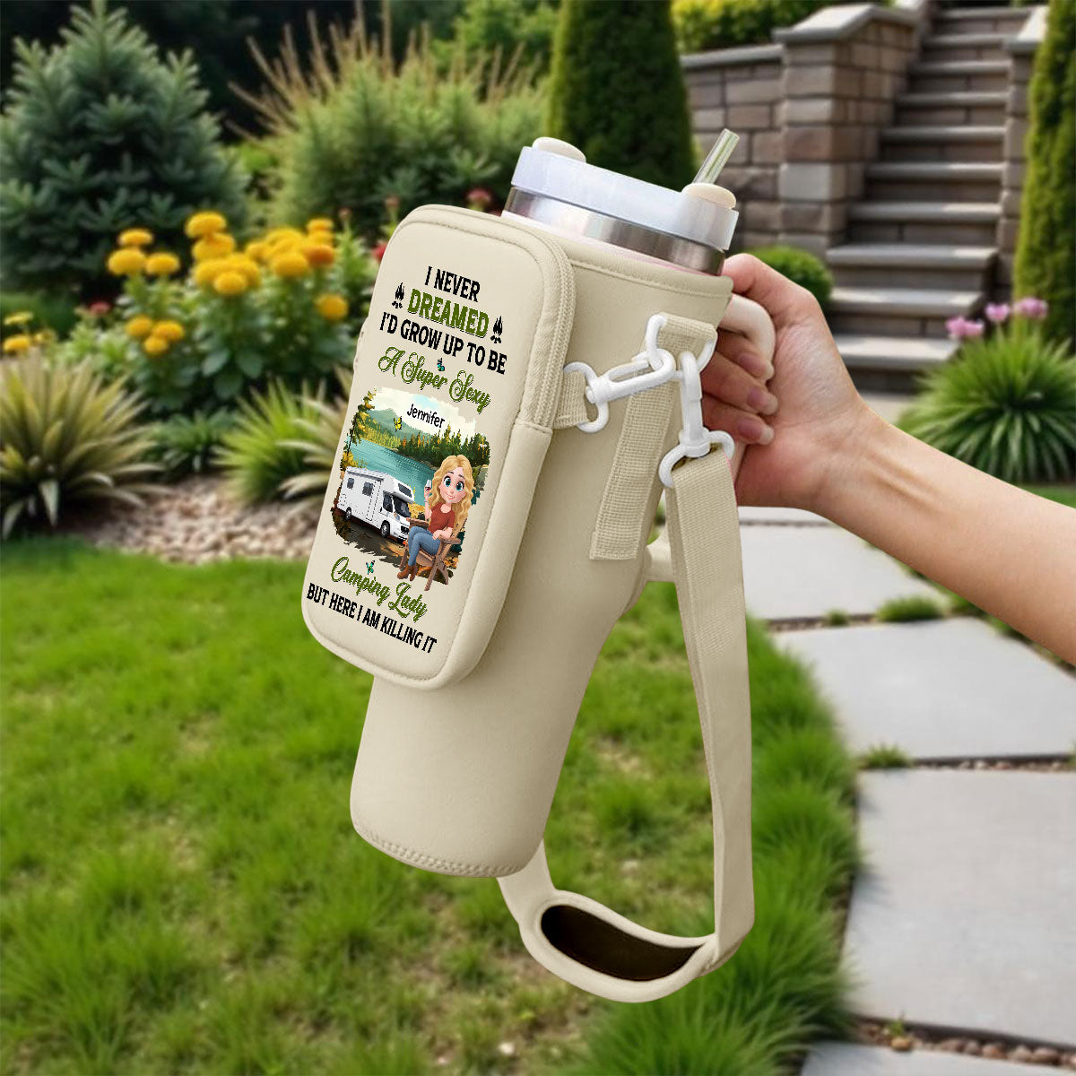 Sexy Camping Lady - Personalized Custom Water Bottle Carrier Bag