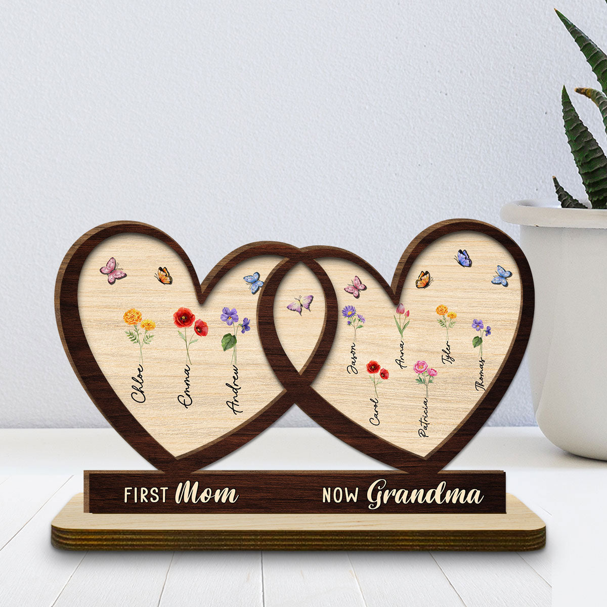 First Mom Now Grandma Flower -  Personalized Custom 2-Layer Wood Plaque With Flat Base