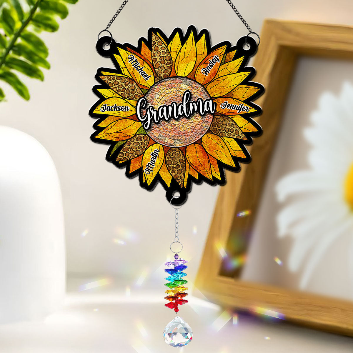 Beautiful Sunflower Grandma - Personalized Custom Suncatcher With Crystal Rainbow Charm