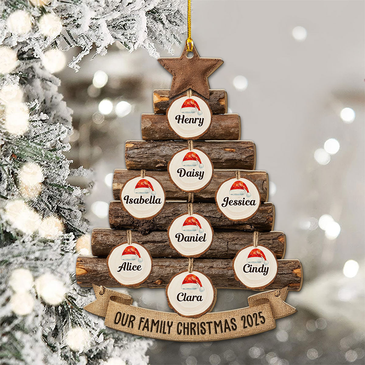 Rustic Family Christmas Tree - Personalized Custom Wood Ornament
