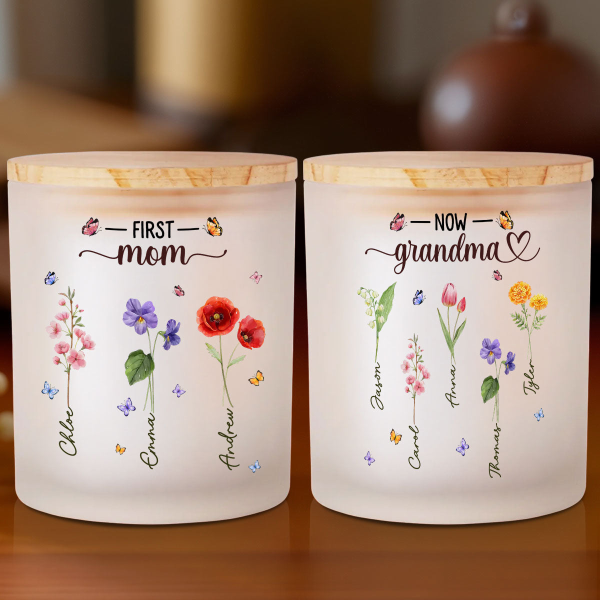 Grandma Birthmonth Flower - Personalized Custom Glass Jar With LED Candle