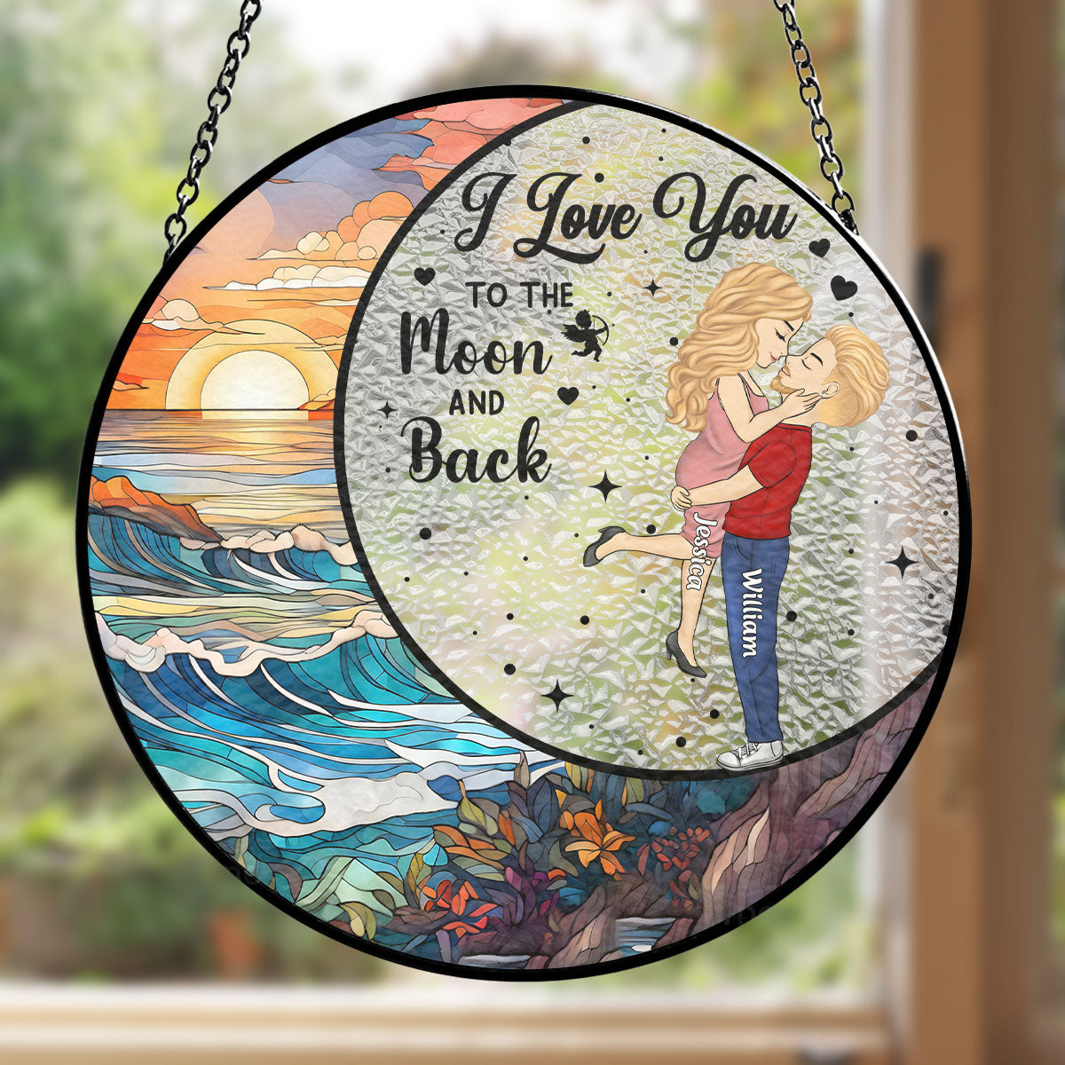 Love You To The Moon And Back - Personalized Custom Stained Glass Window Hanging Suncatcher
