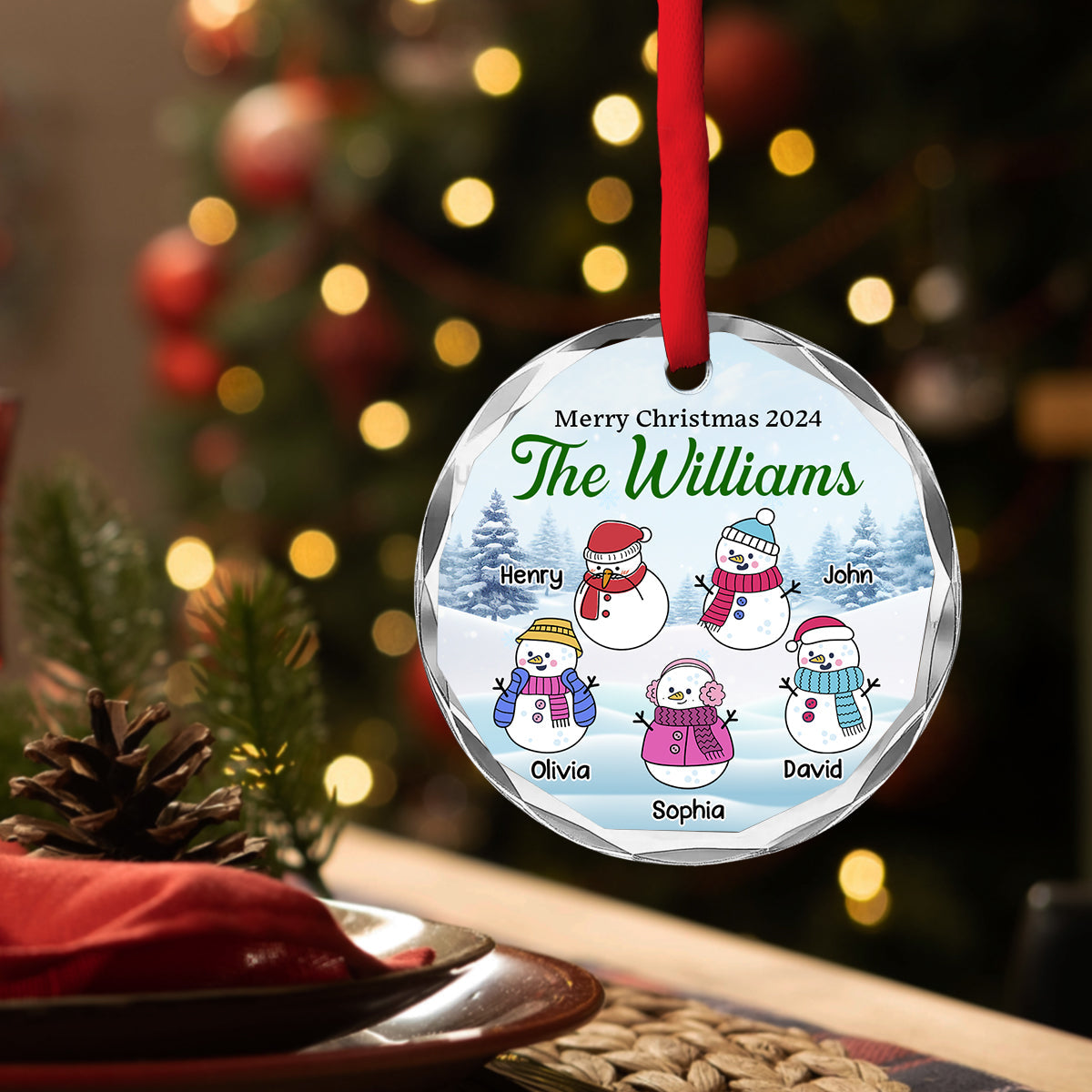 Snowman Christmas Family - Personalized Custom Glass Ornament