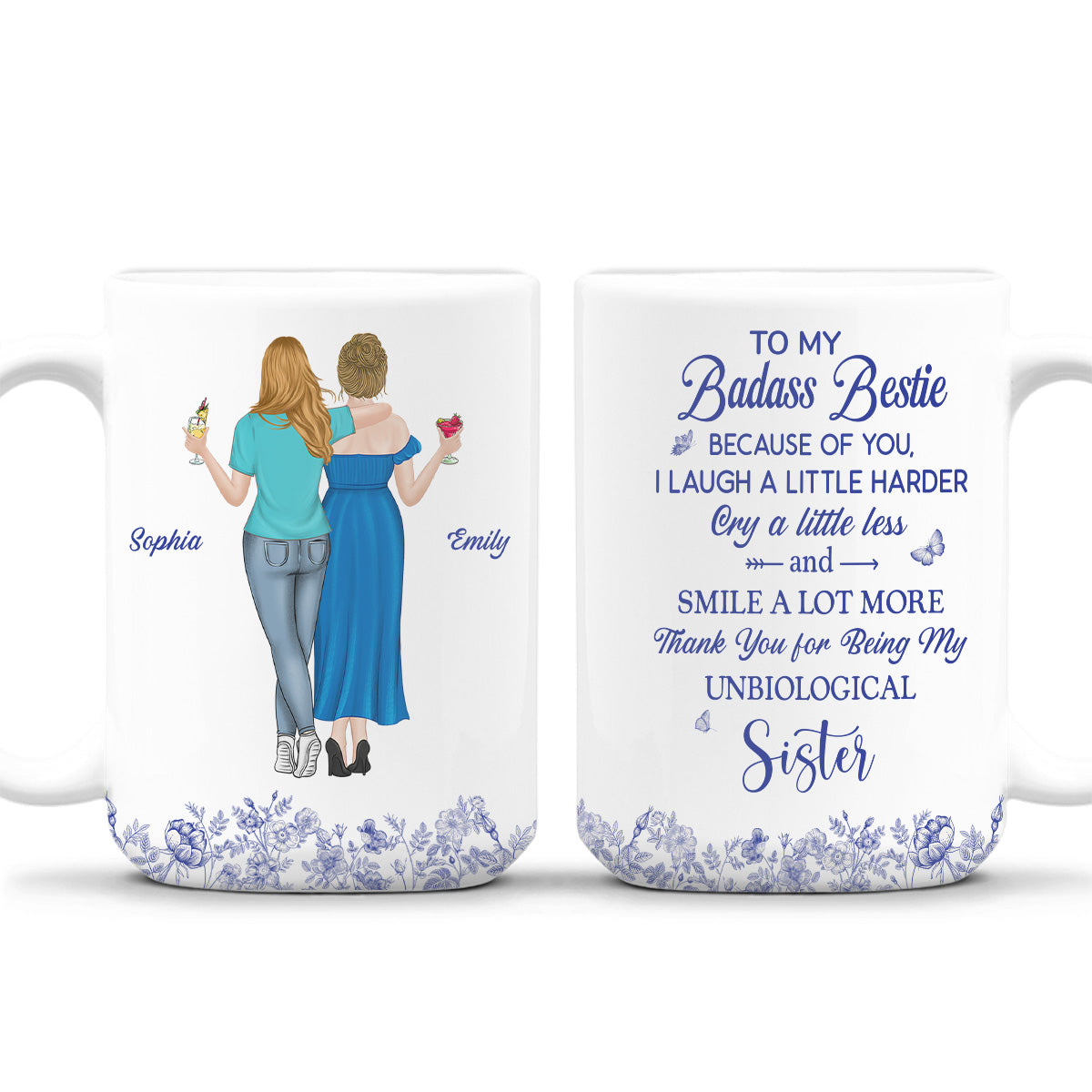 Thank You for Being My Sister Flower Toile - Personalized Custom Coffee Mug