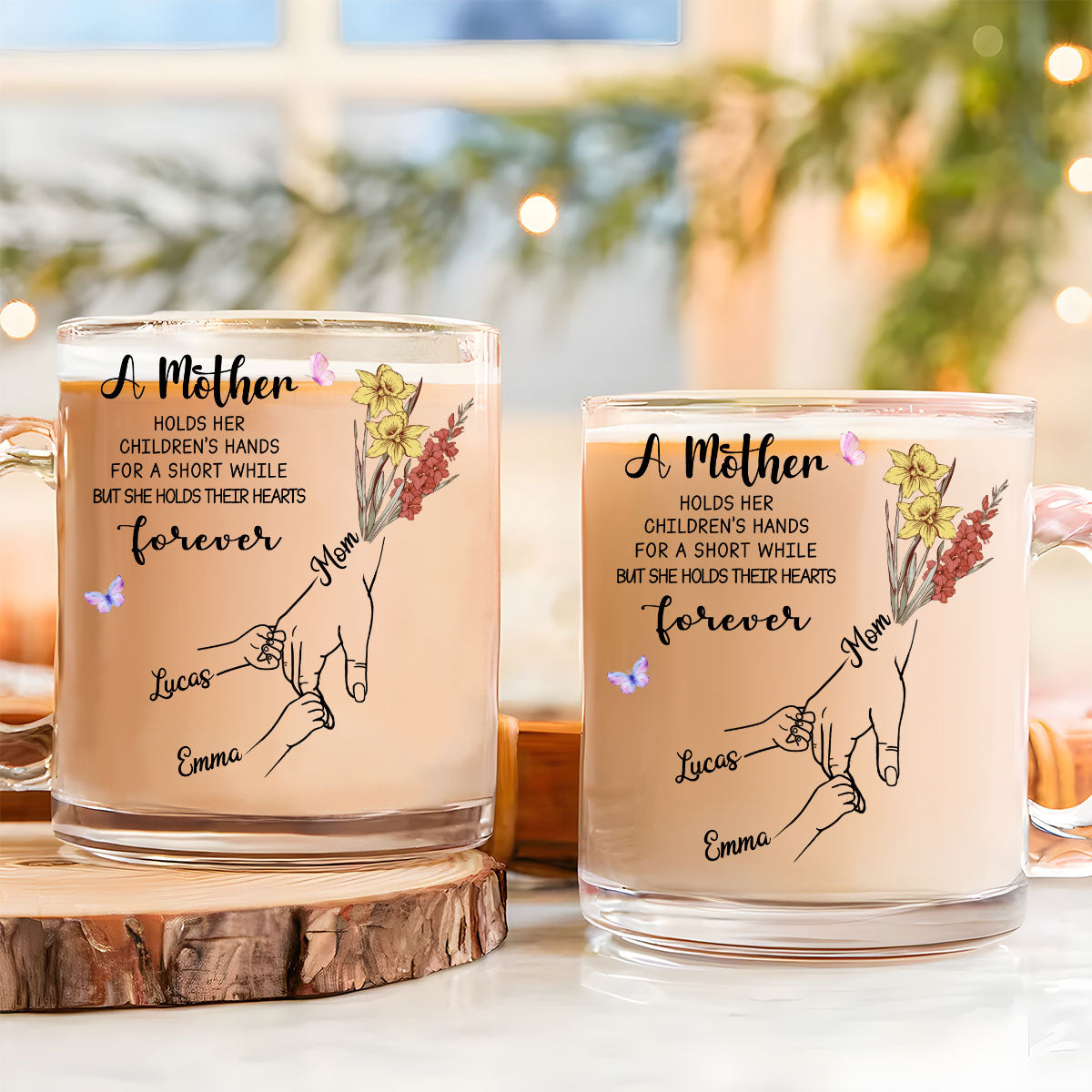 Mother Holds Her Children Heart Forever - Personalized Custom Glass Mug