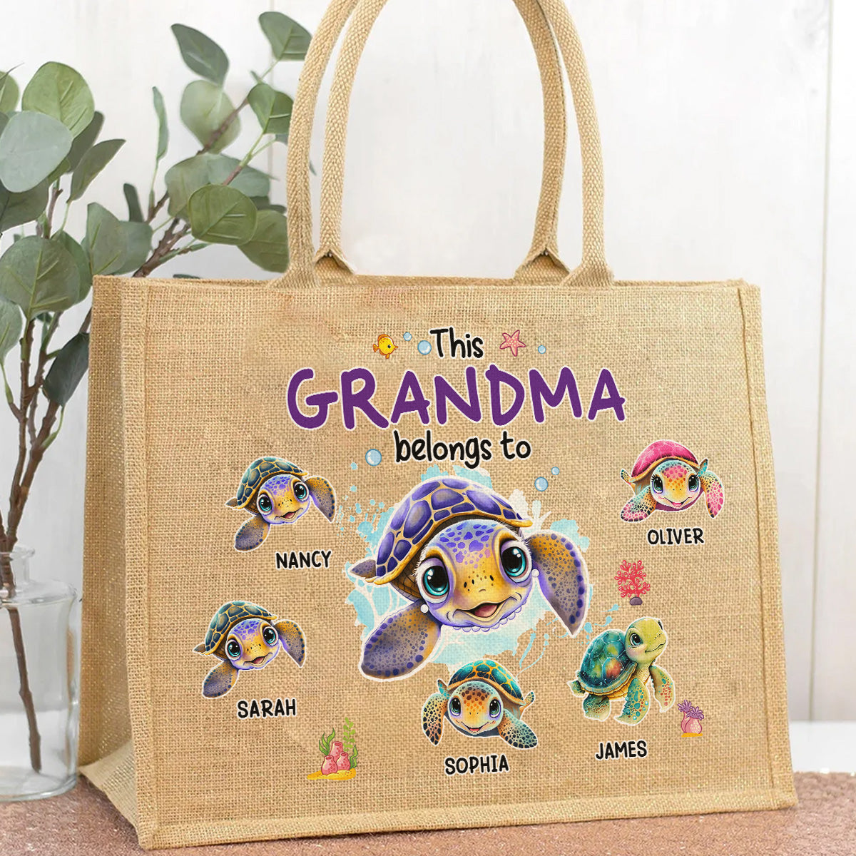 This Grandma Belongs To - Personalized Custom Jute Tote Bag
