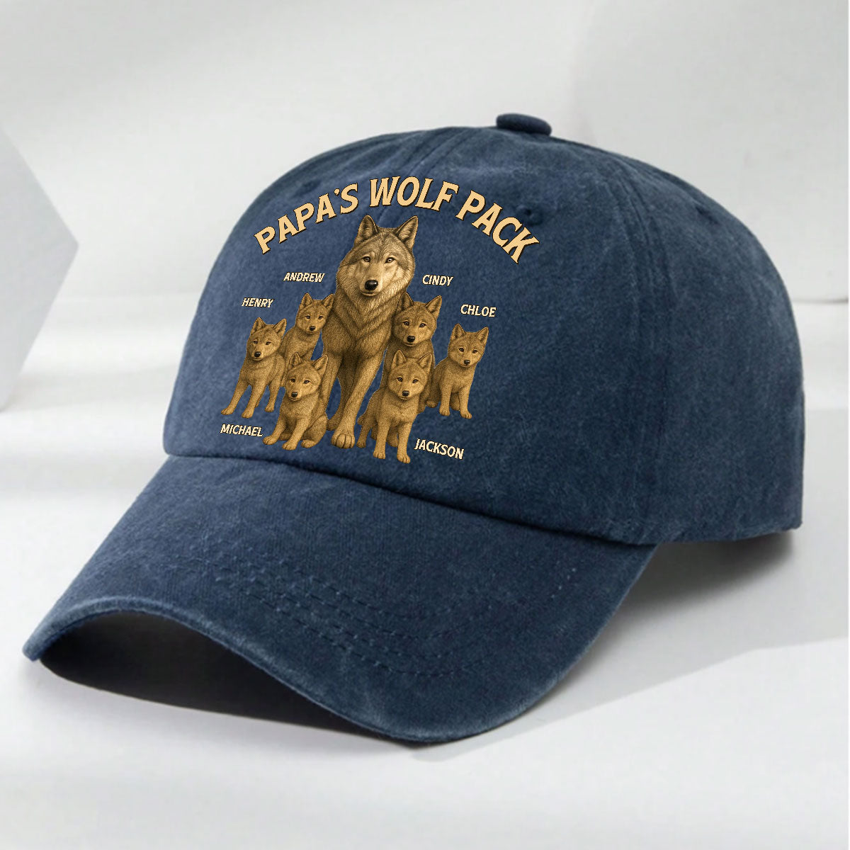 Papa's Wolf Pack - Personalized Custom Vintage Washed Denim Cap
