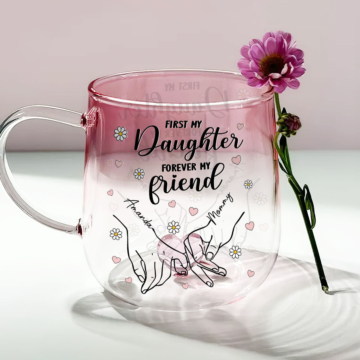 First My Daughter Forever My Friend - Personalized Custom Pink Gradient Glass Mug