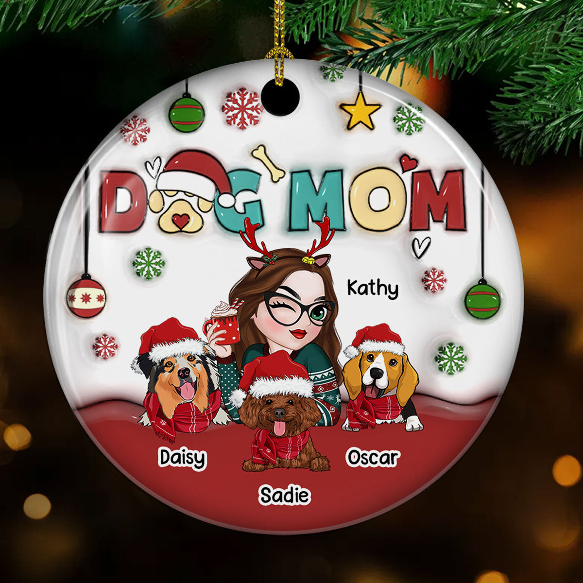 Mom Of Dogs - Personalized Custom 3D Inflated Effect Ceramic Ornament