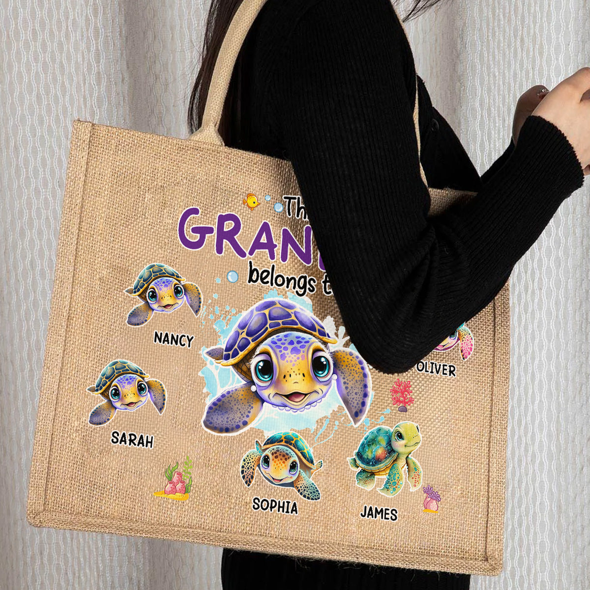 This Grandma Belongs To - Personalized Custom Jute Tote Bag