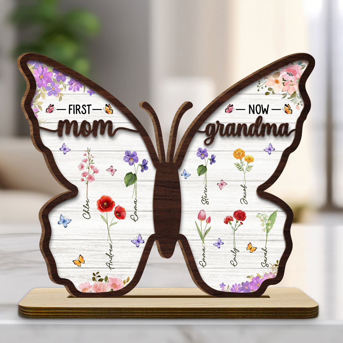 First Mom Now Grandma Butterfly - Personalized Custom 2-Layer Wood Plaque With Flat Base