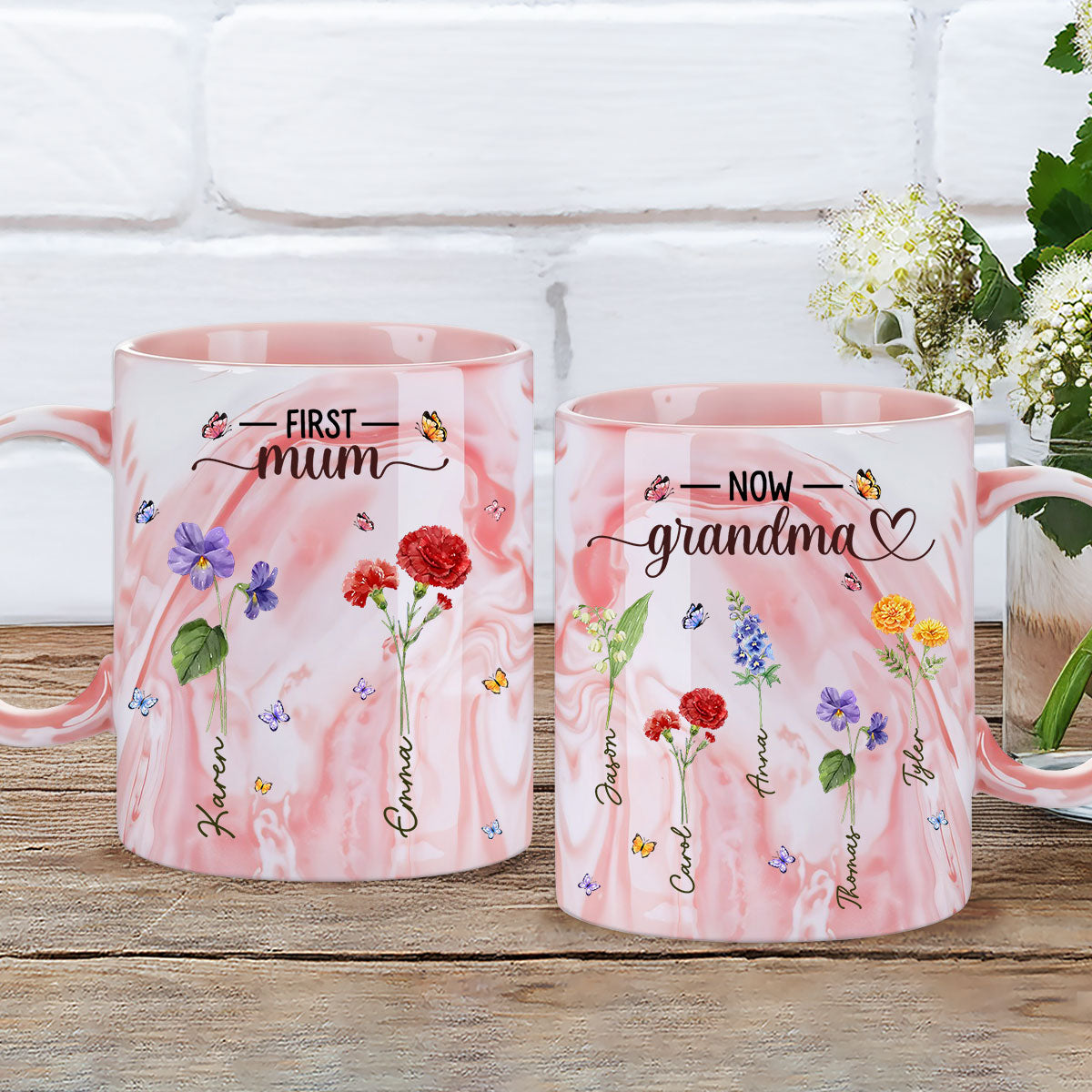 First Mom Now Grandma - Personalized Custom Pink Marble Mug