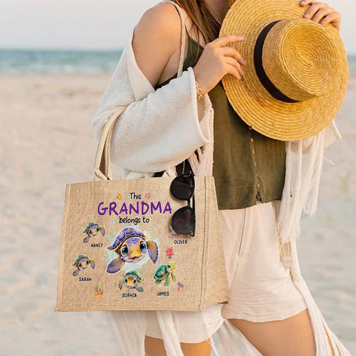 This Grandma Belongs To - Personalized Custom Jute Tote Bag