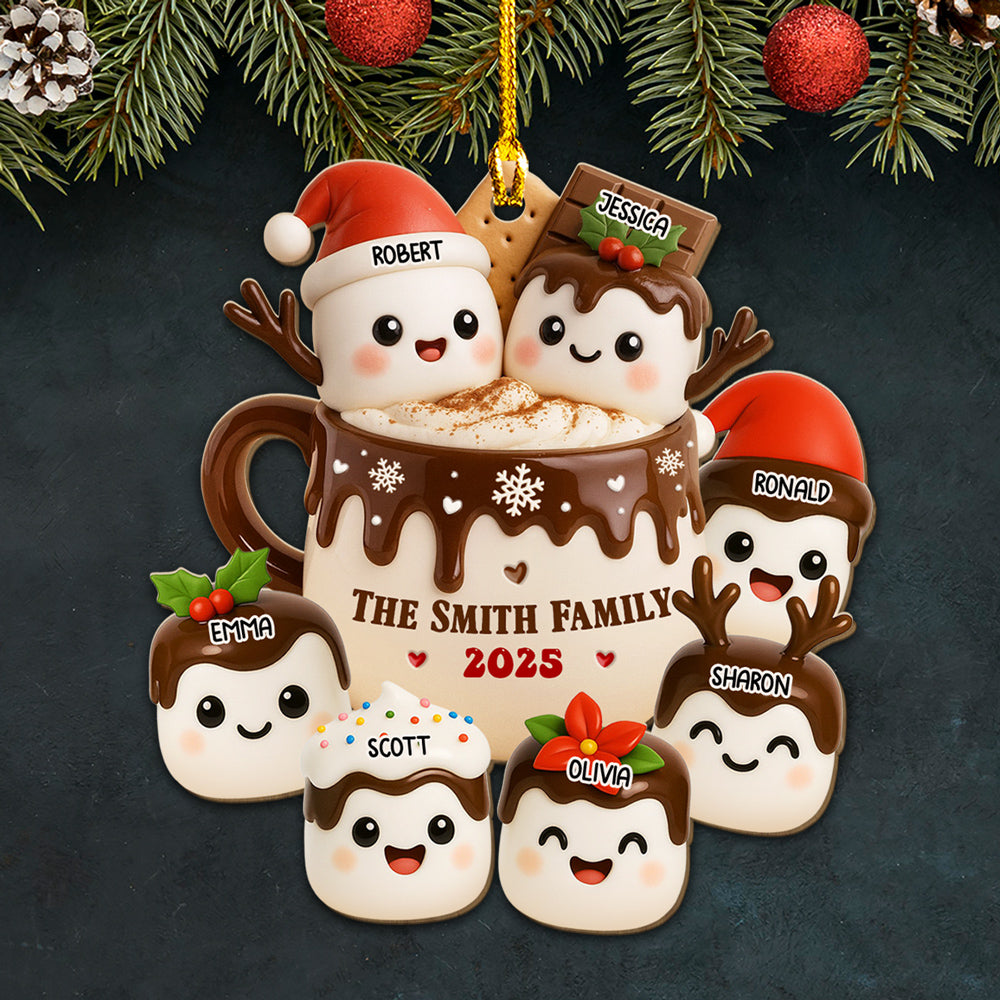 Marshmallow Family Hot Cocoa - Personalized Custom Wood Ornament