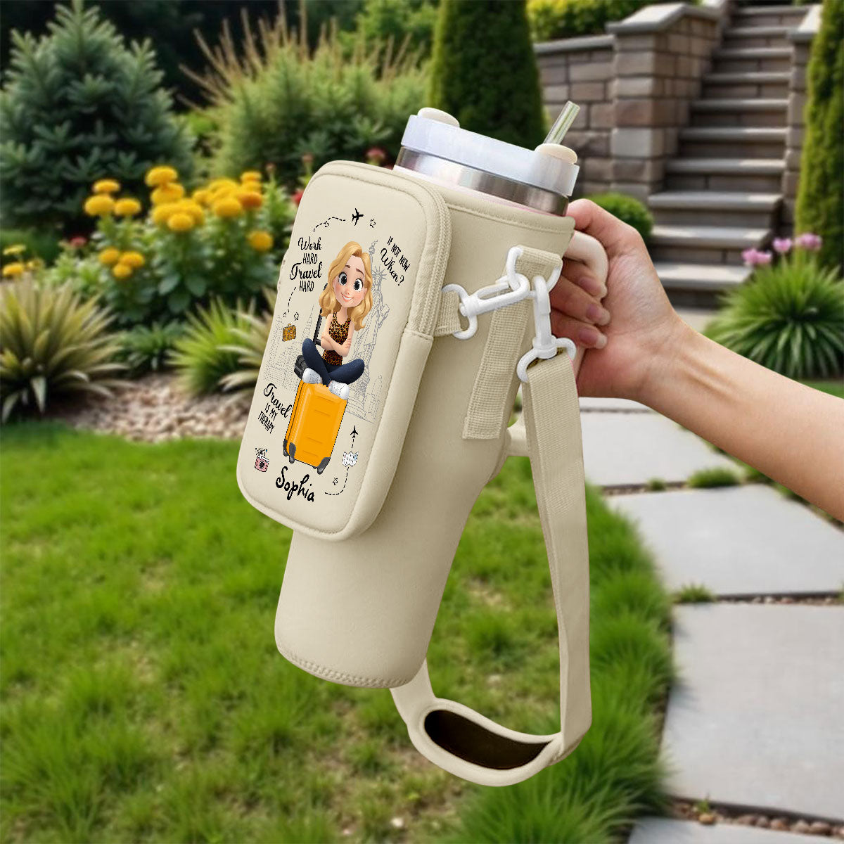 Work Hard Travel Hard - Personalized Custom 40oz Water Bottle Carrier Bag