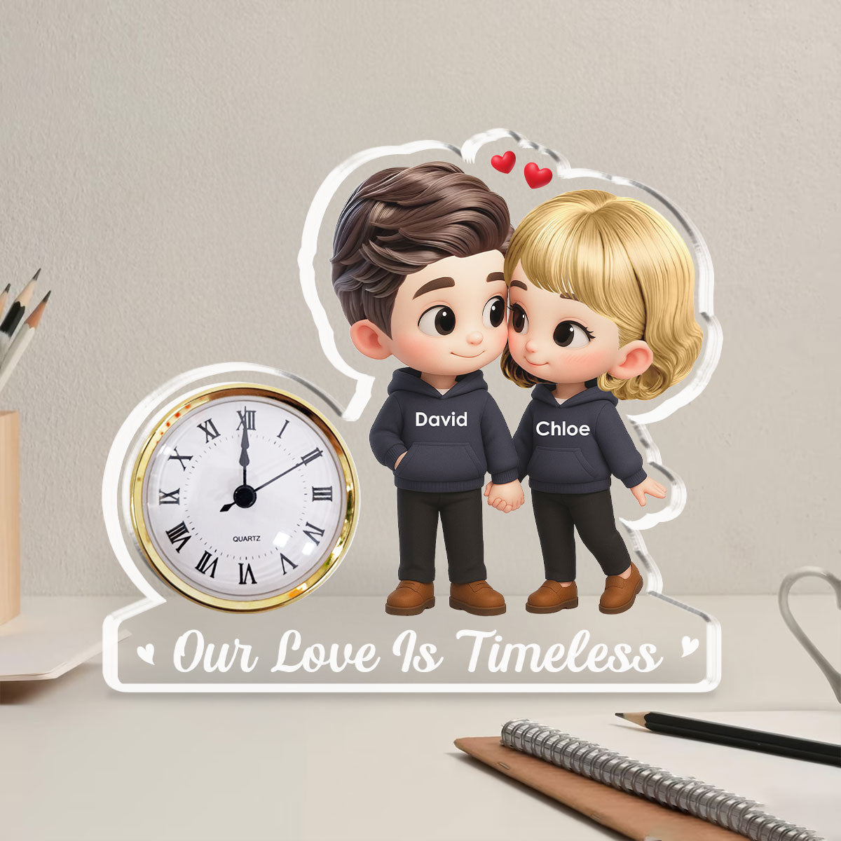 Cartoon Couple Holding Hands - Personalized Custom Acrylic Desk Clock Plaque