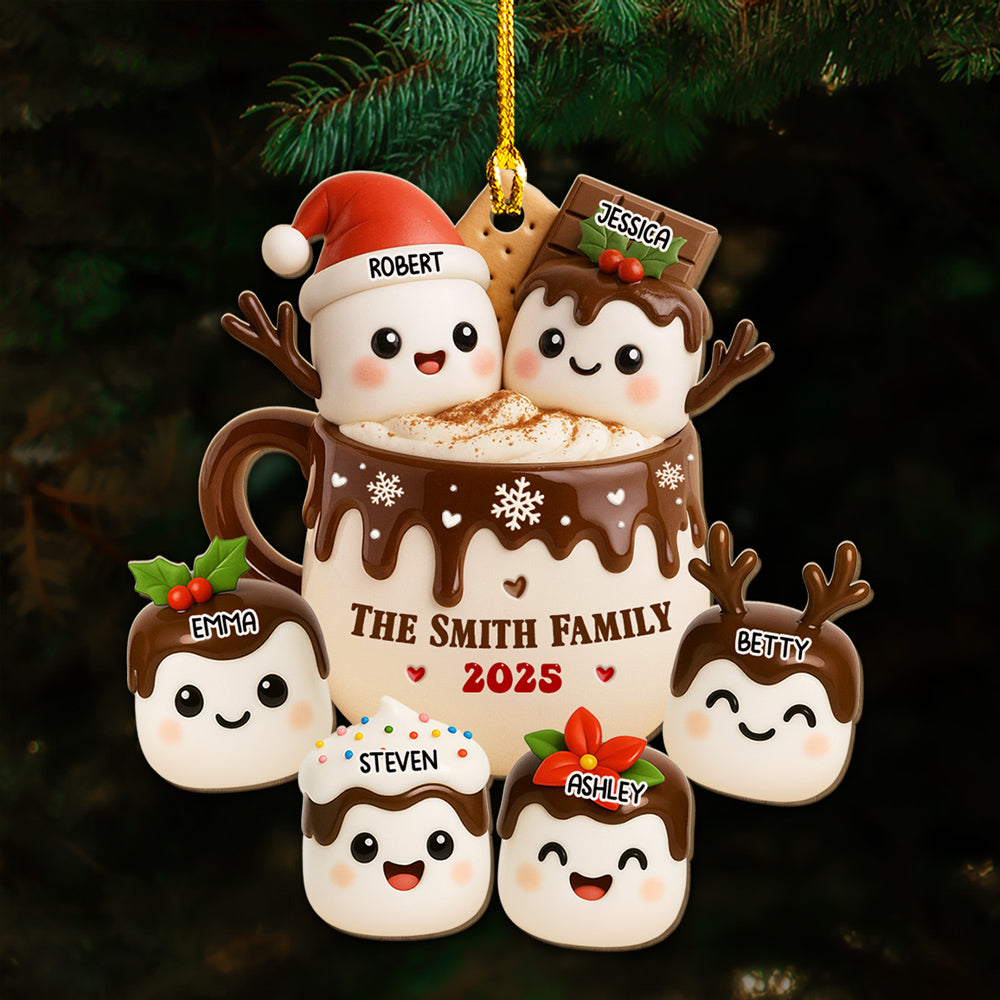 Marshmallow Family Hot Cocoa - Personalized Custom Wood Ornament