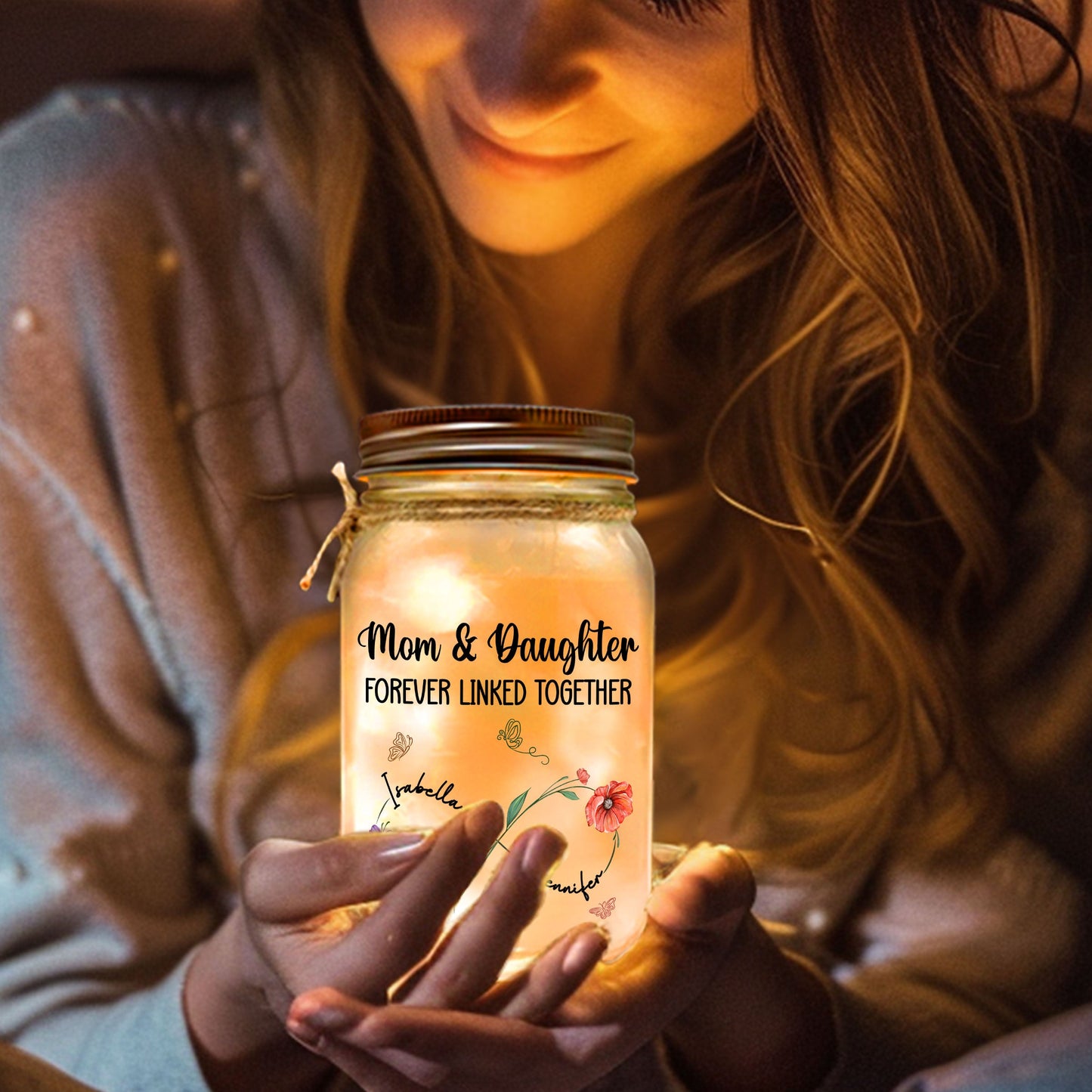 Mom And Daughter Forever Linked Together - Personalized Custom Mason Jar Light