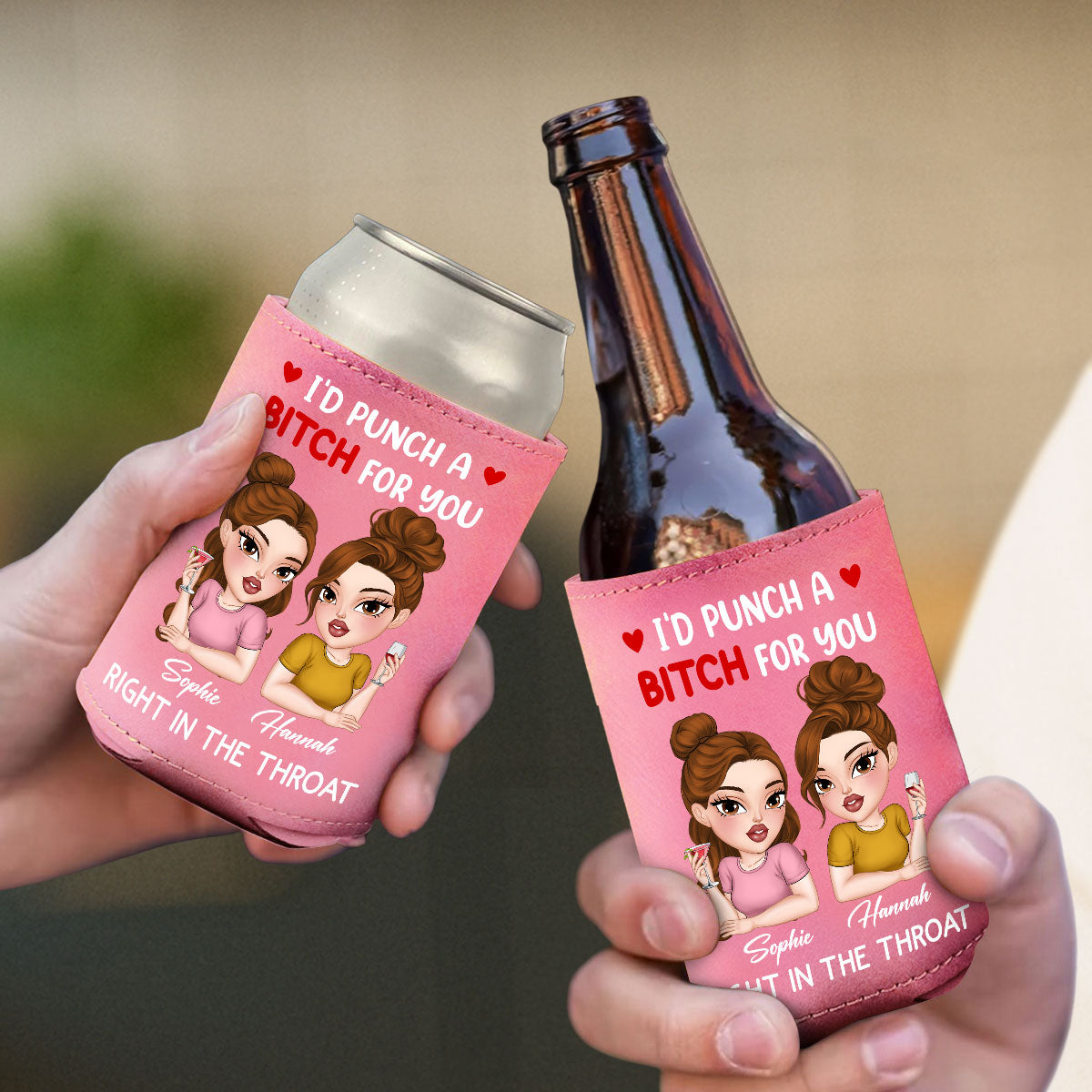 I Punch A Bitch For You My Friend - Personalized Custom Pink Leather Can Cooler Holder
