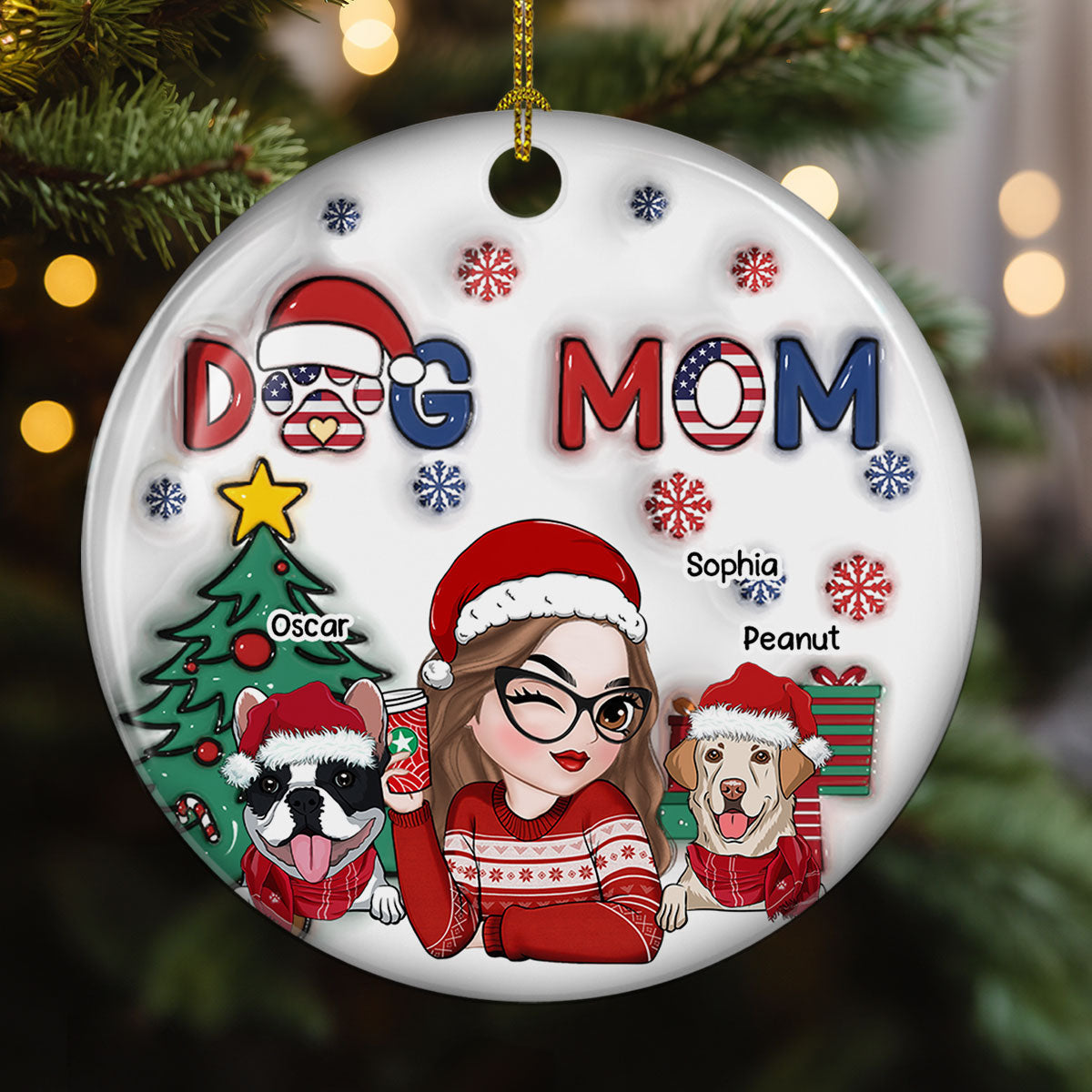 American Dog Mom Christmas - Personalized Custom 3D Inflated Effect Ceramic Ornament